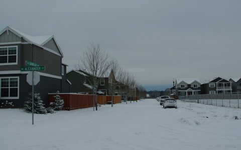 Two-story houses and wood fences along a snow-covered residential street