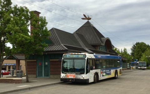 A TriMet Line 57 bus to Forest Grove parked at Hillsboro Transit Center