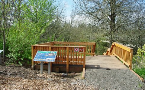 A wooden overlook deck among trees at Jackson Bottom Wetlands Preserve