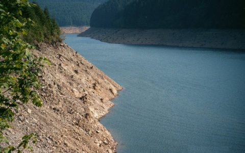A lowered reservoir with a wide band of bare rocky shoreline below forested hills